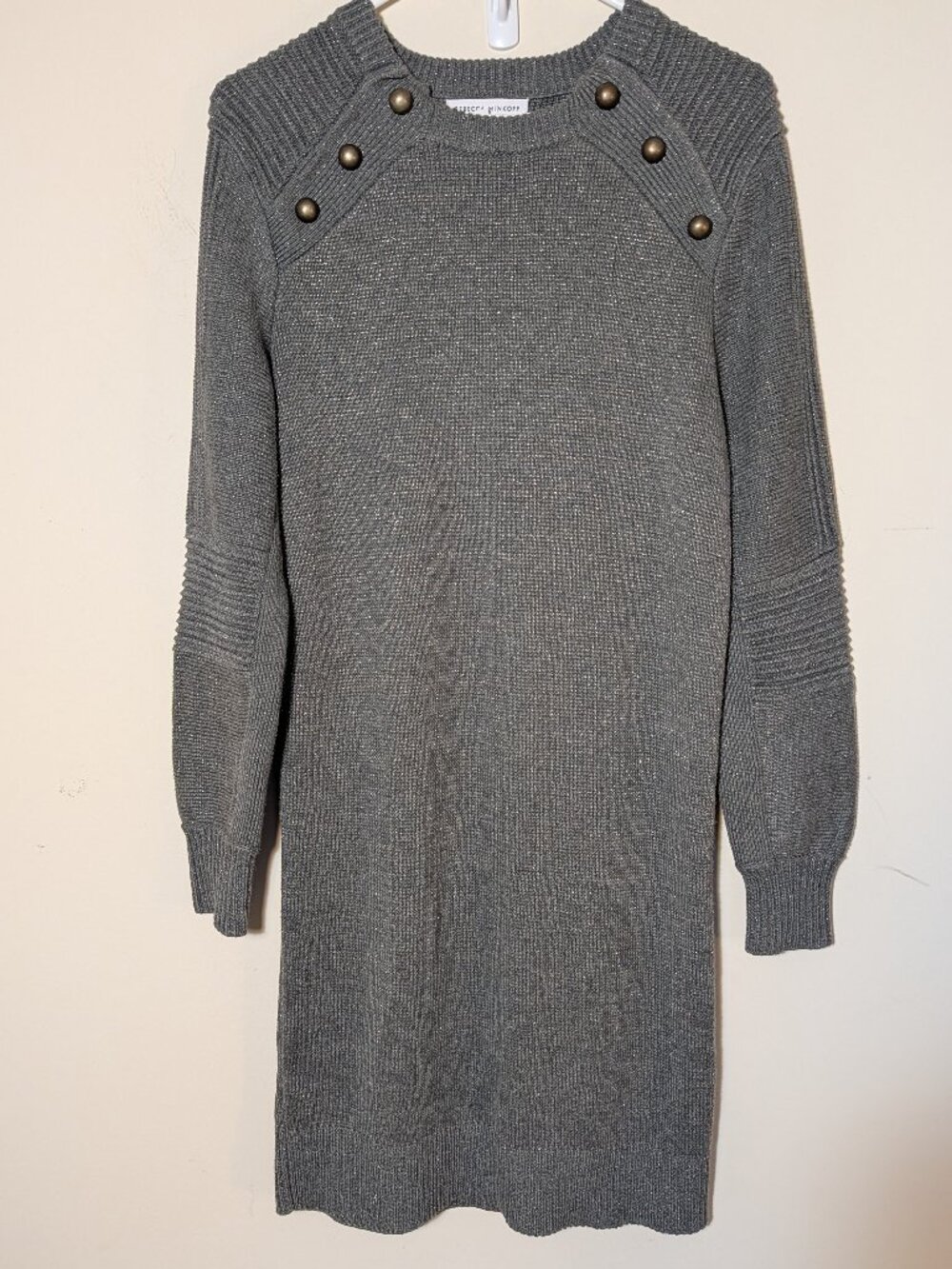 Rebecca Minkoff Janica Metallic Knit Sweater Dress Bodycon Crew Neck Sz S Grey